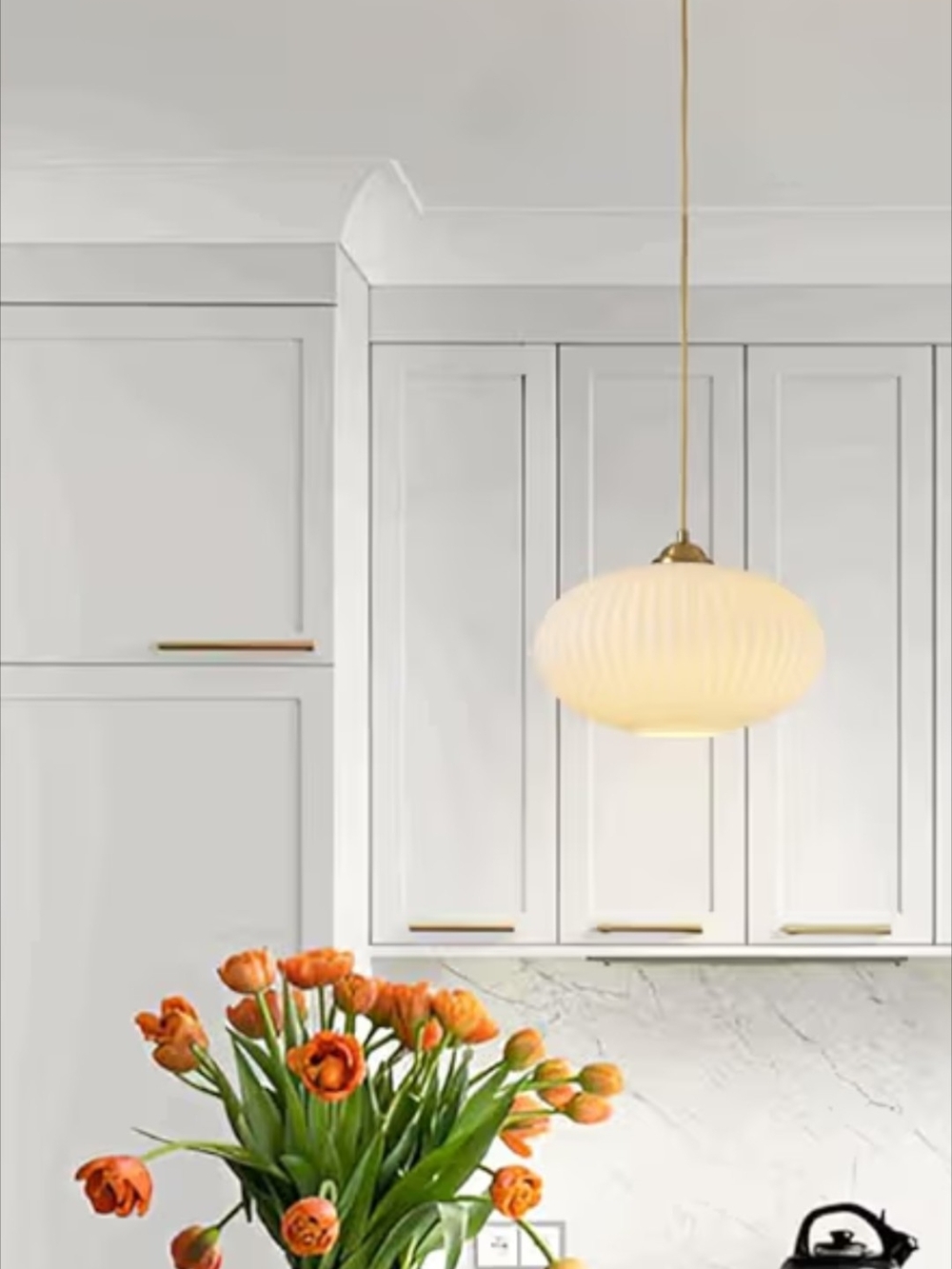 Mid-Century Modern Ribbed Glass Pendant Light in Warm White & Brass - Picture 5 of 5